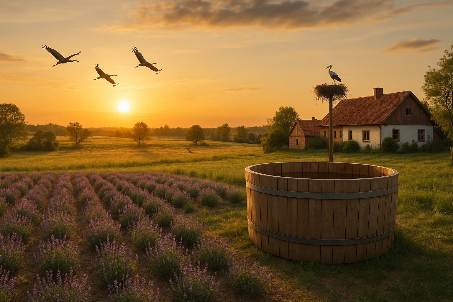 Żurawie lecące nad lawendowym polem i bocian na gnieździe przy Lawendowym Domu na Warmii