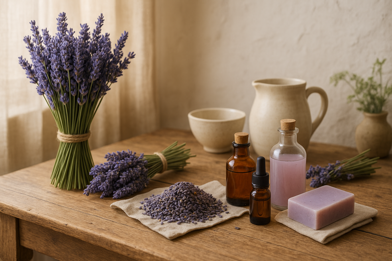 Bukiety lawendy i naturalne produkty lawendowe w spokojnym, rustykalnym wnętrzu sprzyjającym relaksowi